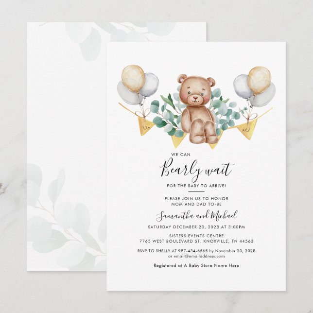 Eucalyptus Greenery Botanical Bear Baby Shower Invitation (Front/Back)