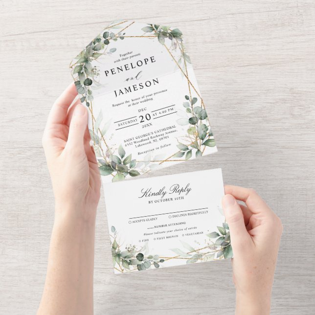 Eucalyptus Greenery Botanical Geometric Wedding All In One Invitation (Tearaway)