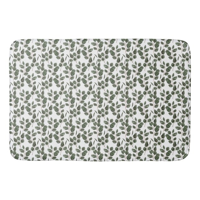Eucalyptus Greenery Botanical Green White Trendy Bath Mat (Front)