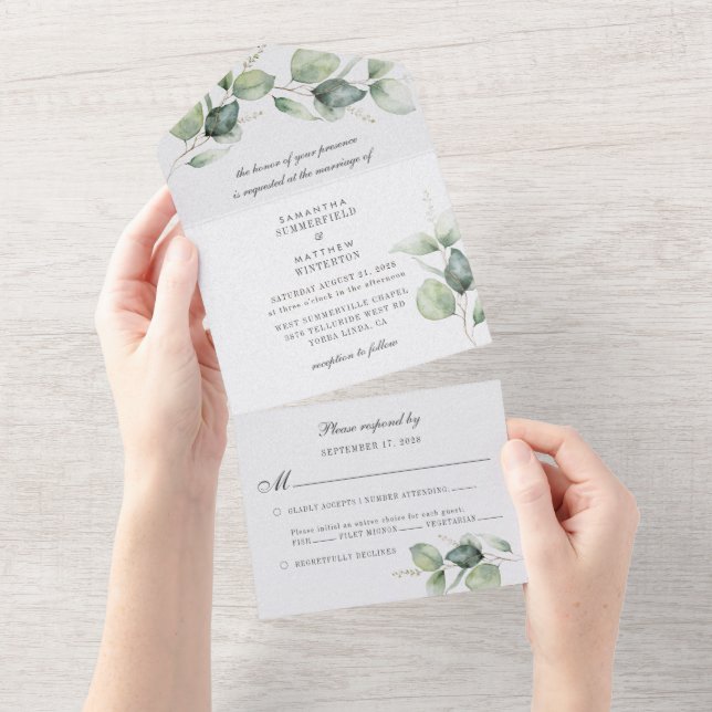 Eucalyptus Greenery Botanical Modern Wedding All In One Invitation (Tearaway)