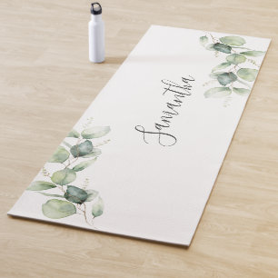 Eucalyptus Greenery Botanical Script Minimalist Yoga Mat