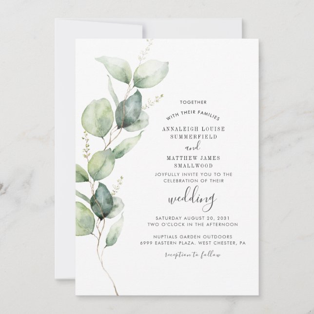 Eucalyptus Greenery Botanical Script Wedding Invitation (Front)