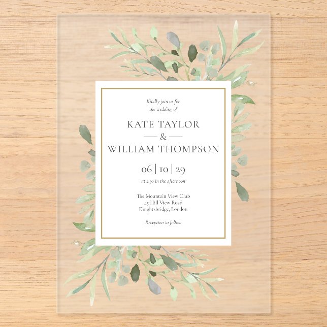 Eucalyptus Greenery Botanical Watercolor Wedding Acrylic Invitations (Front)