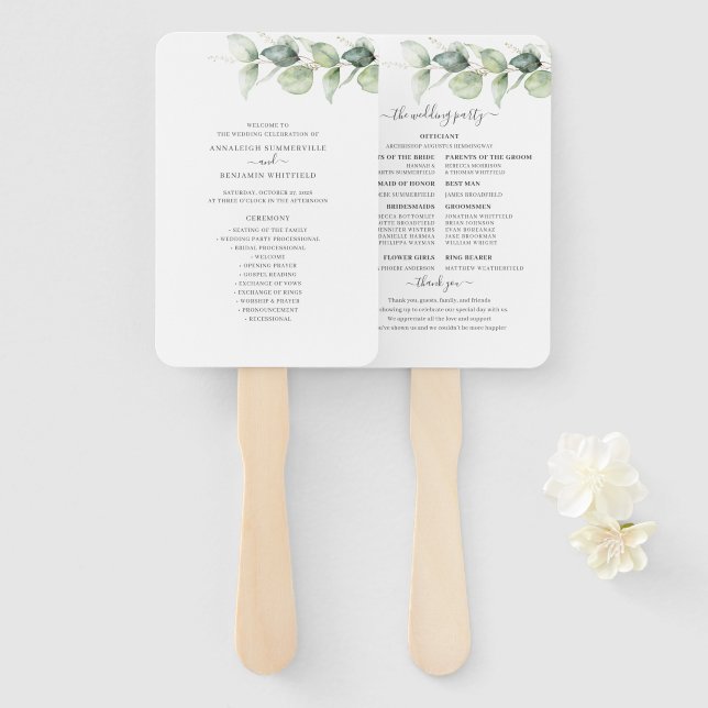 Eucalyptus Greenery Botanical Wedding Program Hand Fan (Front and Back)