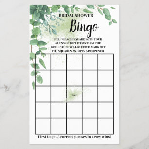Eucalyptus Greenery Bridal Shower Bingo Game Card