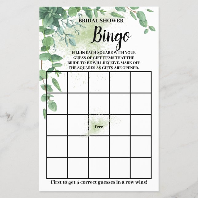 Eucalyptus Greenery Bridal Shower Bingo Game Card (Front)
