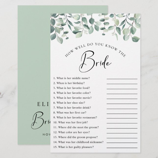 Eucalyptus Greenery Bridal Shower Game (Front/Back)