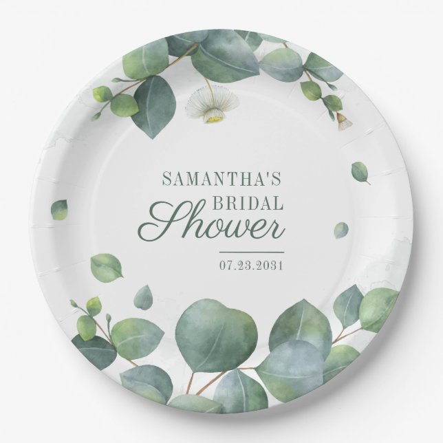 Eucalyptus Greenery Bridal Shower Watercolor Paper Plate (Front)