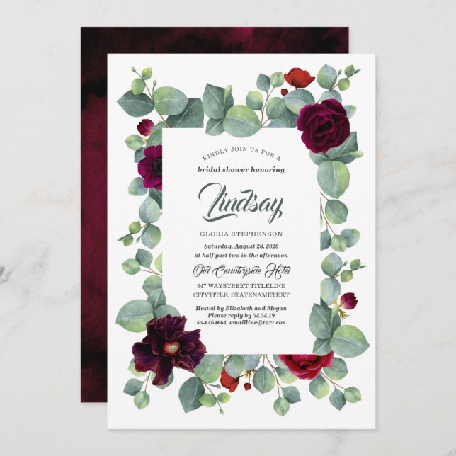 Eucalyptus Greenery Burgundy Floral Bridal Shower Invitation (Front/Back)