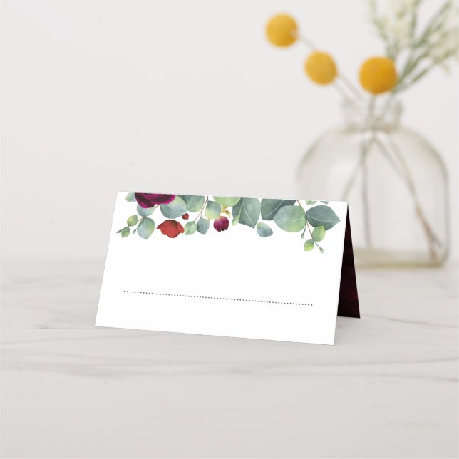 Eucalyptus Greenery | Burgundy Red Floral Wedding Place Card (Front)