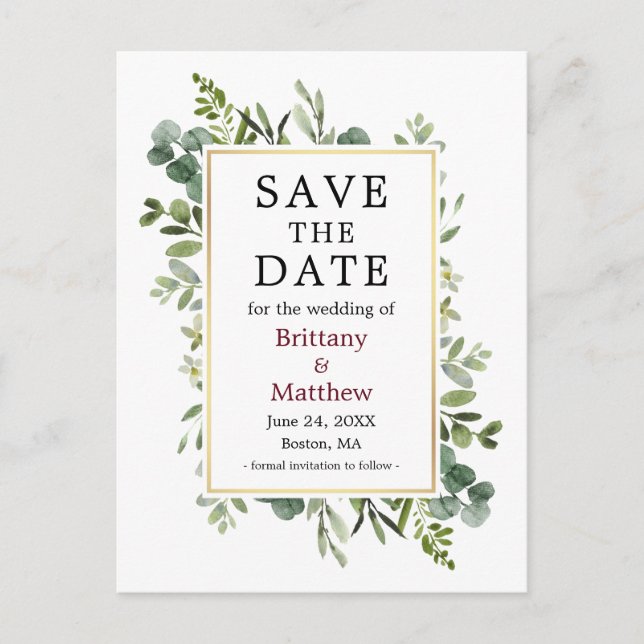 Eucalyptus Greenery Burgundy Save The Date Postcard (Front)