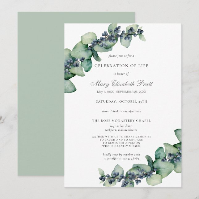 Eucalyptus Greenery Celebration of Life Invitation (Front/Back)