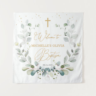 Eucalyptus Greenery Cross Baby Baptism Tapestry