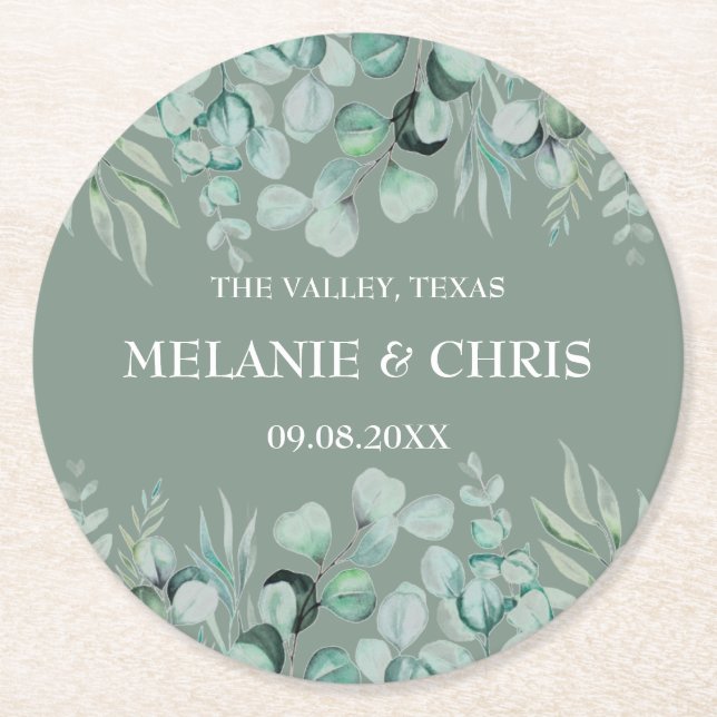 Eucalyptus Greenery Custom Boho Rustic Wedding Round Paper Coaster (Front)