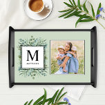 Eucalyptus Greenery Custom Family Monogram Photo Serving Tray<br><div class="desc">Elegant nature-inspired custom serving tray features a family monogram initial / letter with last name that can be personalized, framed by an organic watercolor greenery design with eucalyptus foliage, leaves, and silver dollar eucalyptus branches in soft verdant shades of mint, green, olive, and muted blue green. Add a favourite family...</div>