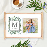 Eucalyptus Greenery Custom Family Monogram Photo Serving Tray<br><div class="desc">Elegant nature-inspired custom serving tray features a family monogram initial / letter with last name that can be personalized, framed by an organic watercolor greenery design with eucalyptus foliage, leaves, and silver dollar eucalyptus branches in soft verdant shades of mint, green, olive, and muted blue green. Add a favourite family...</div>