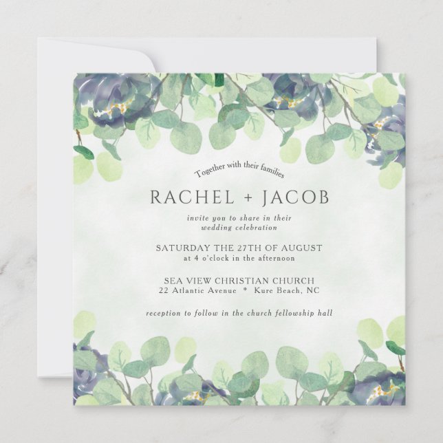Eucalyptus Greenery Dusty Blue Floral Wedding Invitation (Front)