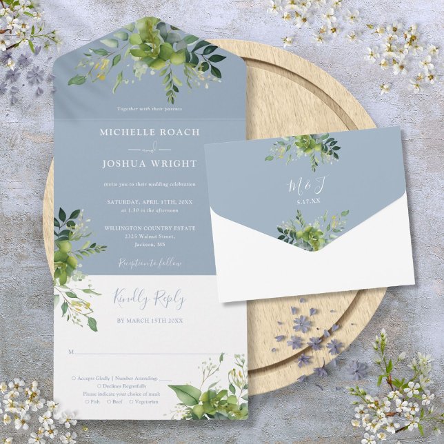 Eucalyptus Greenery Dusty Blue Monogram Wedding All In One Invitation (Eucalyptus Greenery Dusty Blue Monogram Wedding All In One Invitation)