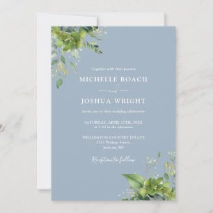 Eucalyptus Greenery Dusty Blue Monogram Wedding Invitation