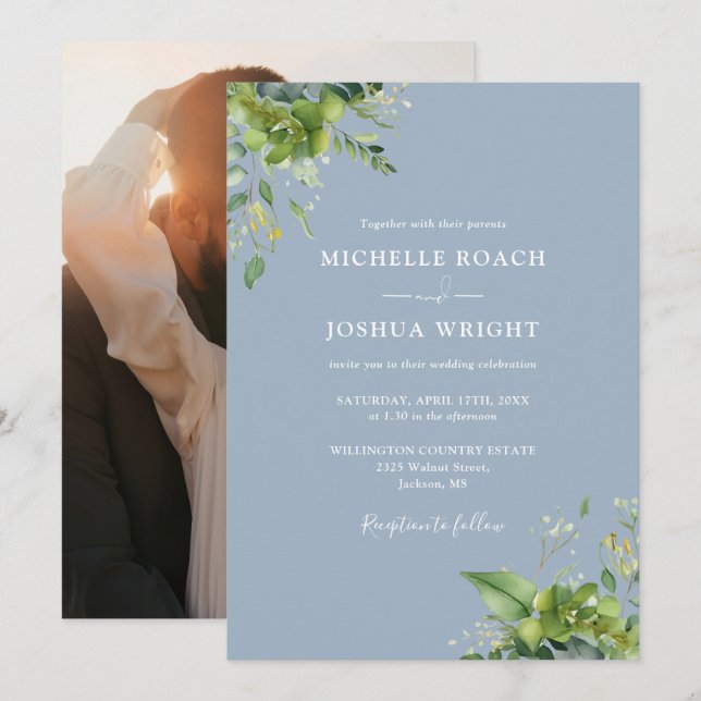Eucalyptus Greenery Dusty Blue Photo Wedding Invitation (Front/Back)