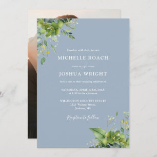 Eucalyptus Greenery Dusty Blue Photo Wedding Invitation