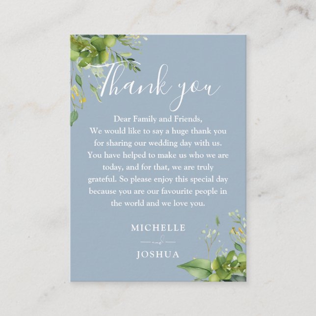 Eucalyptus Greenery Dusty Blue Wedding Thank You Place Card (Front)