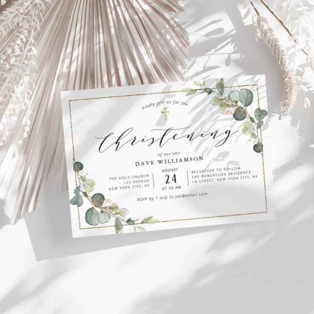 eucalyptus greenery elegant frame christening invitation (Creator Uploaded)