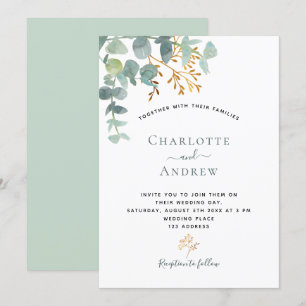 Eucalyptus greenery elegant gold modern wedding invitation