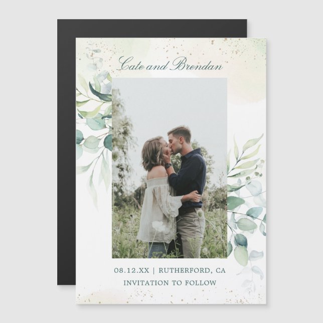 Eucalyptus Greenery Elegant Photo Save the Date Magnetic Invitation (Front/Back)