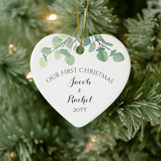 Eucalyptus Greenery First Christmas Married Photo Ceramic Ornament (Tree)