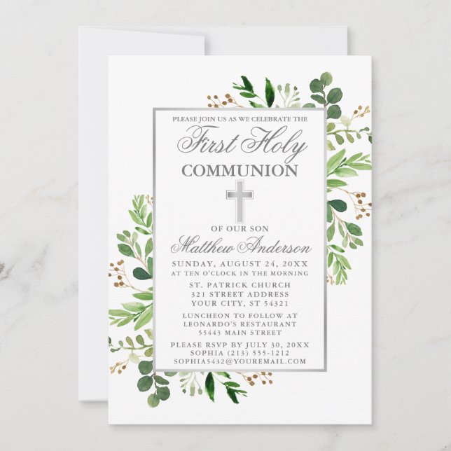 Eucalyptus Greenery First Communion Silver Invitation (Front)