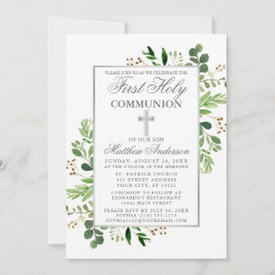 Eucalyptus Greenery First Communion Silver Invitation