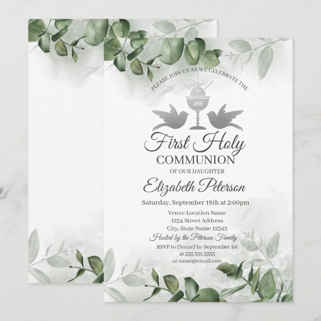 Eucalyptus Greenery First Holy Communion   Invitation (Front/Back)