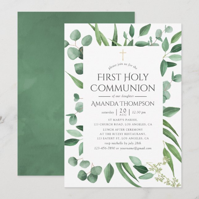 Eucalyptus Greenery First Holy Communion Invitation (Front/Back)
