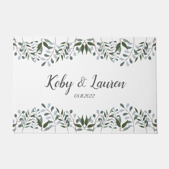 Eucalyptus Greenery Floral Anniversary Date Doormat (Front)