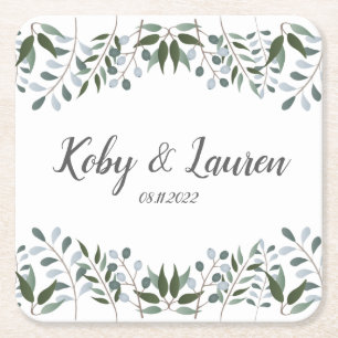 Eucalyptus Greenery Floral Anniversary Date Square Paper Coaster