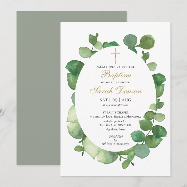Eucalyptus Greenery Floral Baptism Christening Invitation (Front/Back)