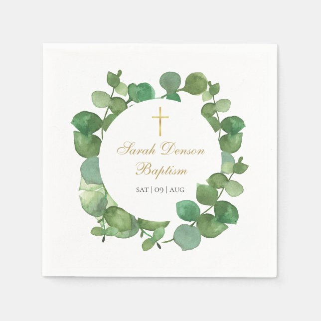 Eucalyptus Greenery Floral Baptism Christening Napkin (Front)