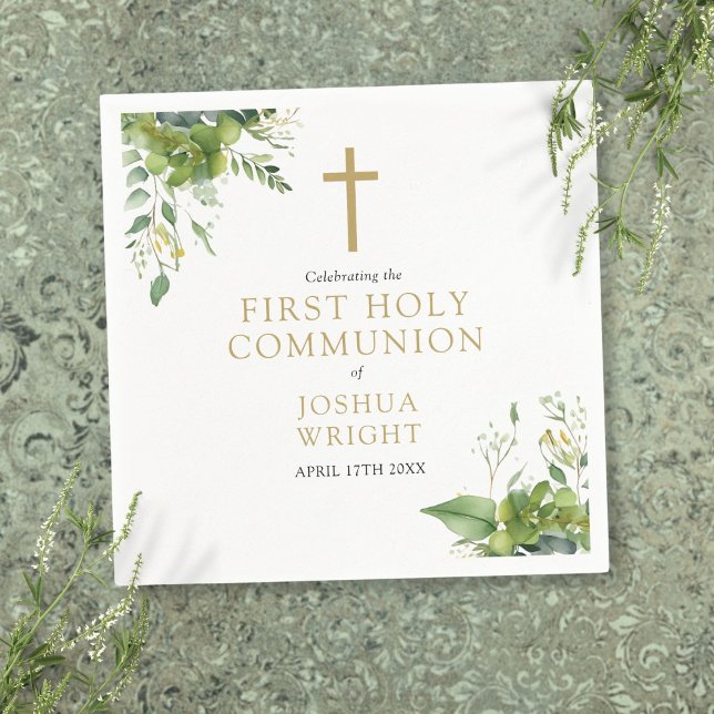 Eucalyptus Greenery Floral First Holy Communion Napkin (Eucalyptus Greenery Floral First Holy Communion Napkins)