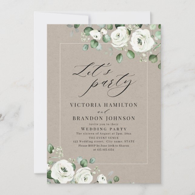Eucalyptus greenery floral rustic wedding party invitation (Front)