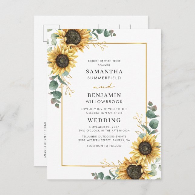 Eucalyptus Greenery Floral Sunflower Wedding Invitation Postcard (Front/Back)