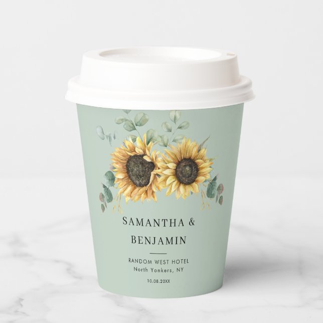 Eucalyptus Greenery Floral Sunflower Wedding Paper Cups (Front)