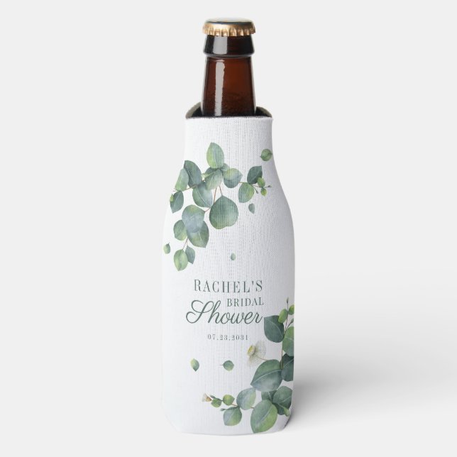 Eucalyptus Greenery Foliage Script Bridal Shower Bottle Cooler (Bottle Front)