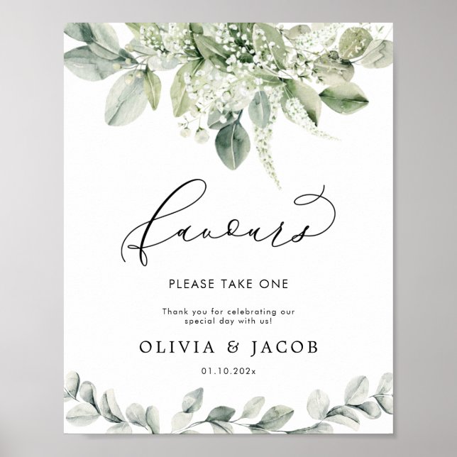Eucalyptus Greenery Foliage Wedding Favors Sign (Front)