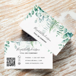 Eucalyptus greenery forest fern modern QR code Business Card