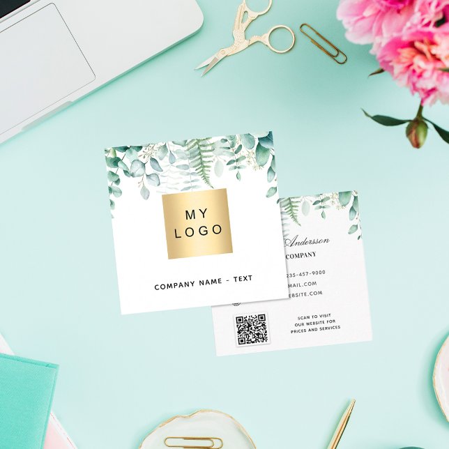 Eucalyptus greenery forest fern QR code logo Square Business Card (Creator Uploaded)