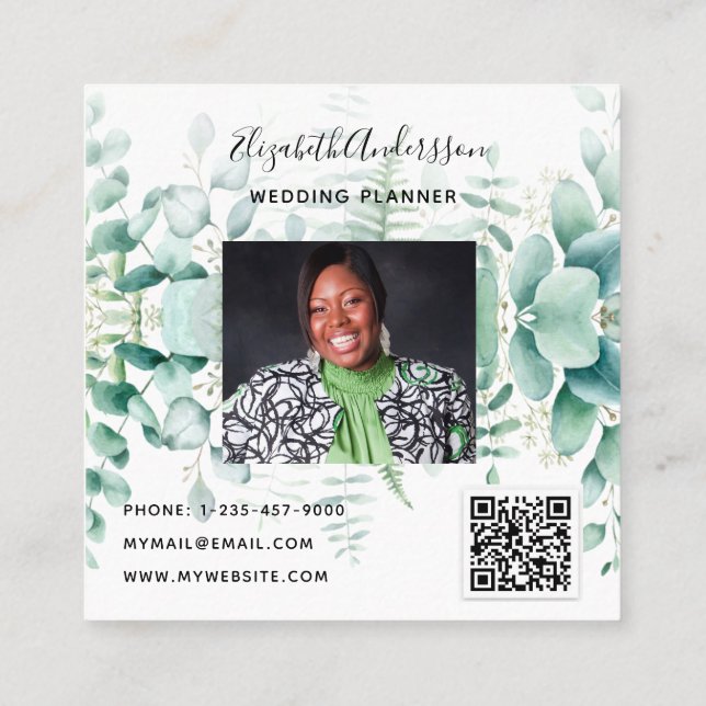 Eucalyptus greenery forest ferns photo QR code  Square Business Card (Back)