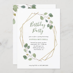 Eucalyptus Greenery Geometric Birthday Party Invitation