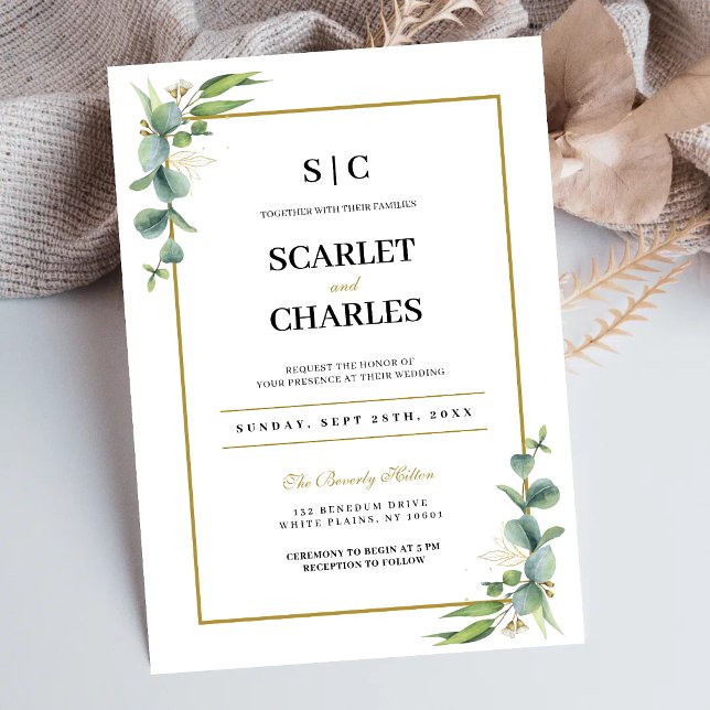 Eucalyptus Greenery Geometric Floral Wedding Invitation (Eucalyptus greenery geometric invitation sets the tone for a modern wedding celebration.)