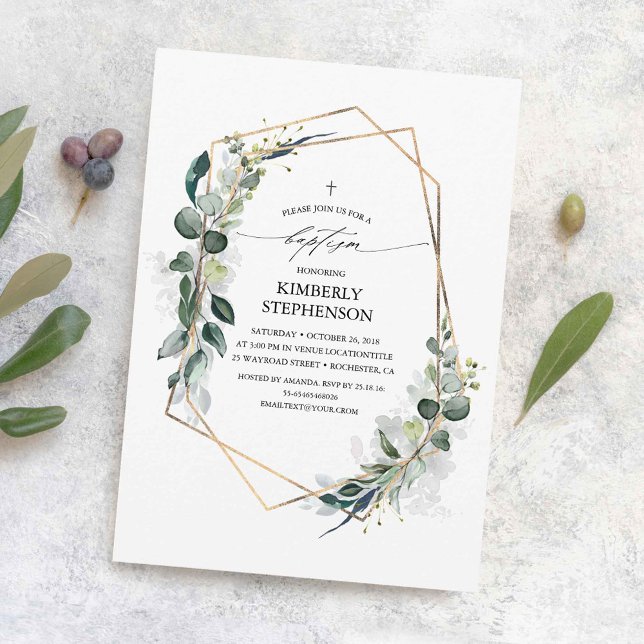 Eucalyptus Greenery Geometric Modern Baptism Invitation (Eucalyptus Greenery Baptism Invitations)